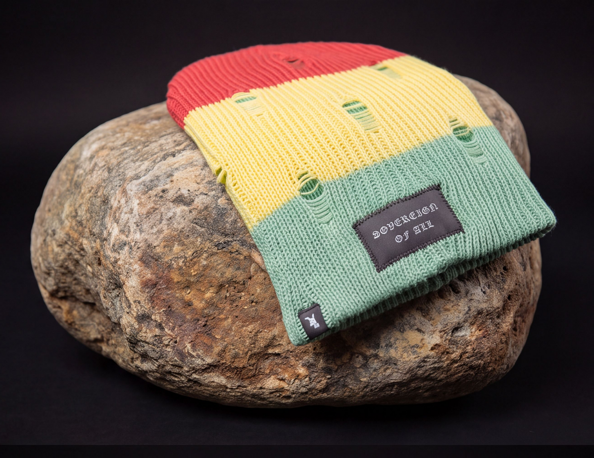 REMAIN  BEANIE —DISTRESSED  RED/YELLOW/SAGE