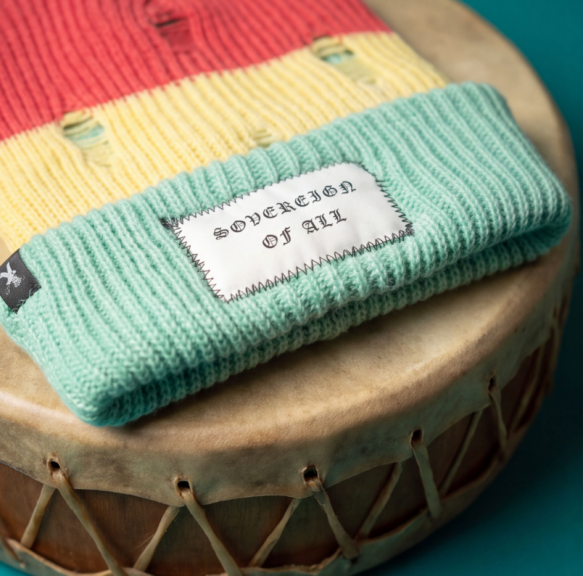 REMAIN  BEANIE —DISTRESSED  RED/YELLOW/SAGE
