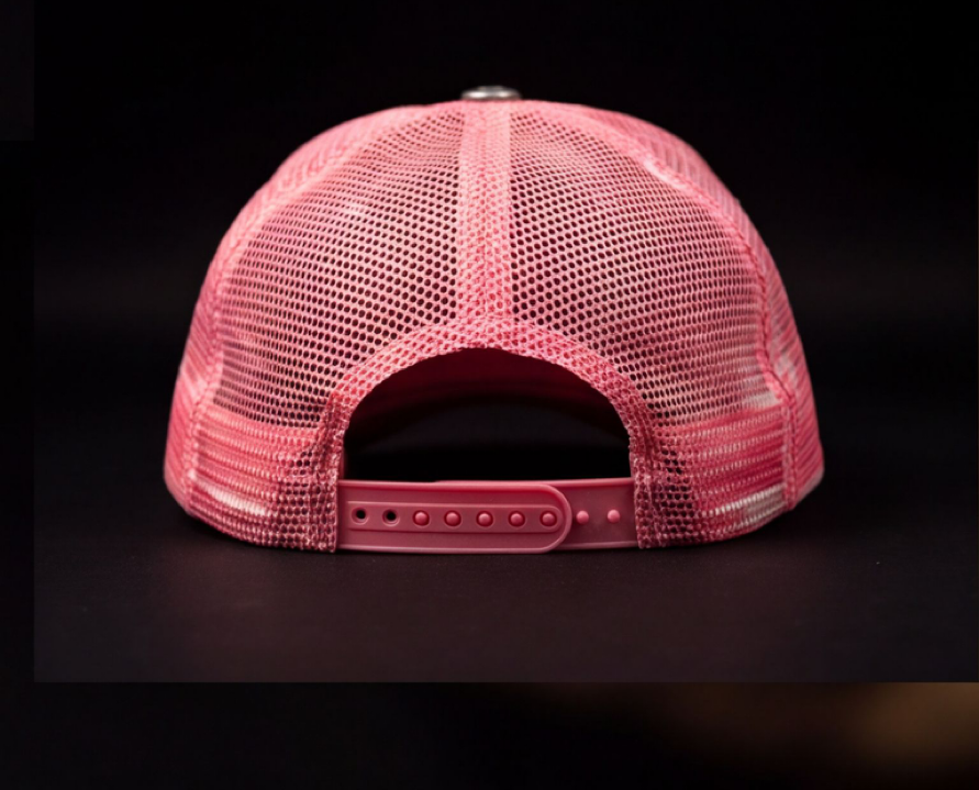 STILL HERE CAMO TRUCKER — DISTRESSED PINK