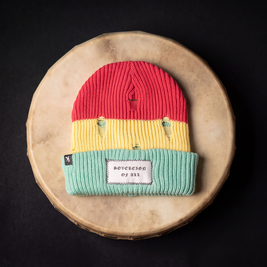 REMAIN  BEANIE —DISTRESSED  RED/YELLOW/SAGE
